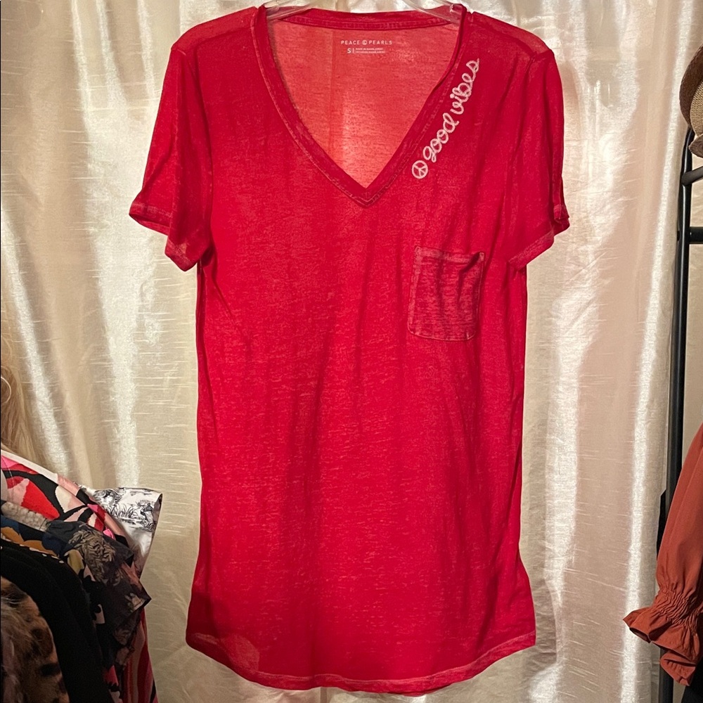 Vibrant Red V-Neck Tee with Embroidery